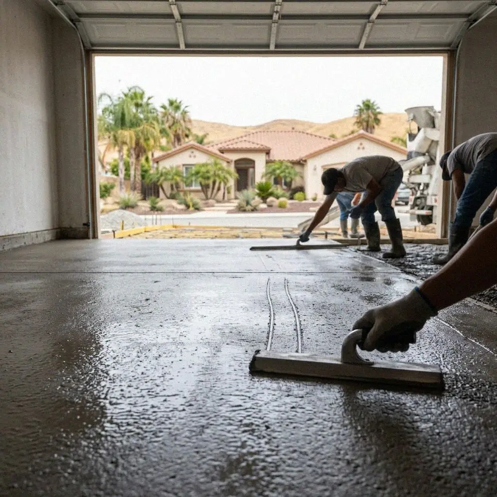 Trowel closing the surface of a new garage slab in El Monte