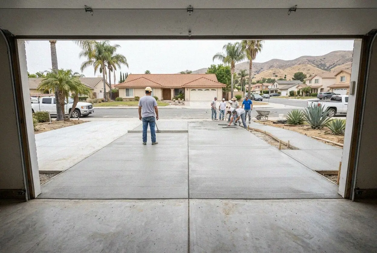 Fresh concrete screeded flat across a garage bay in El Monte