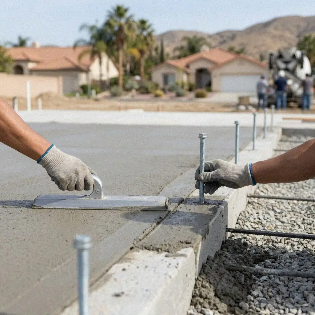 Hands setting an anchor bolt into the wet edge of a slab in El Monte