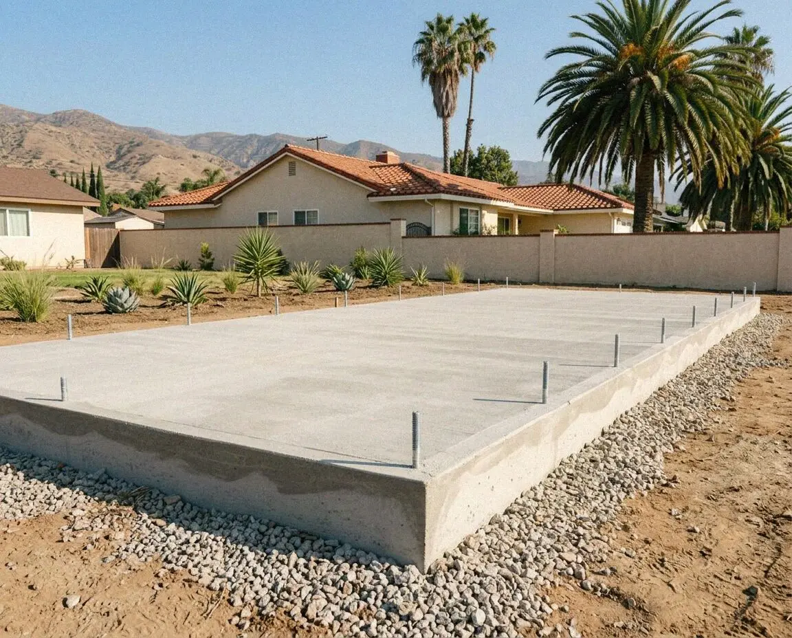 Finished slab foundation with anchor bolts ready for framing in El Monte