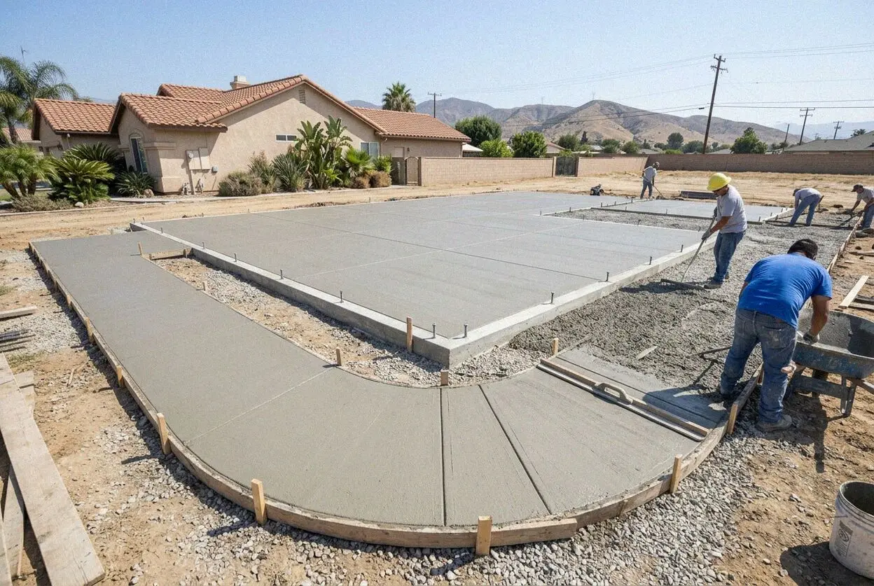 Crew screeding a monolithic slab foundation for a rear unit in El Monte, CA