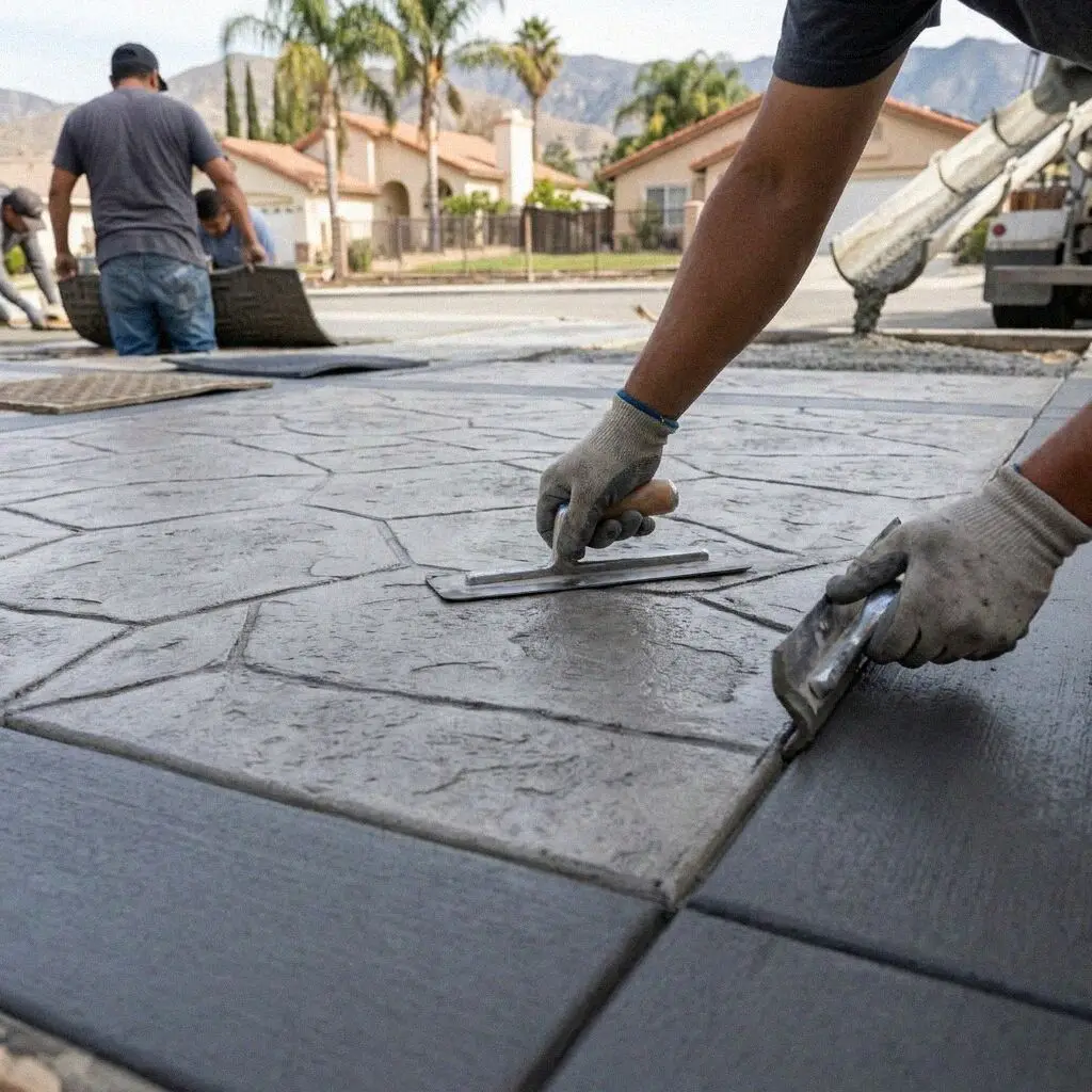 Hands lifting a stamp mat off freshly textured concrete in El Monte