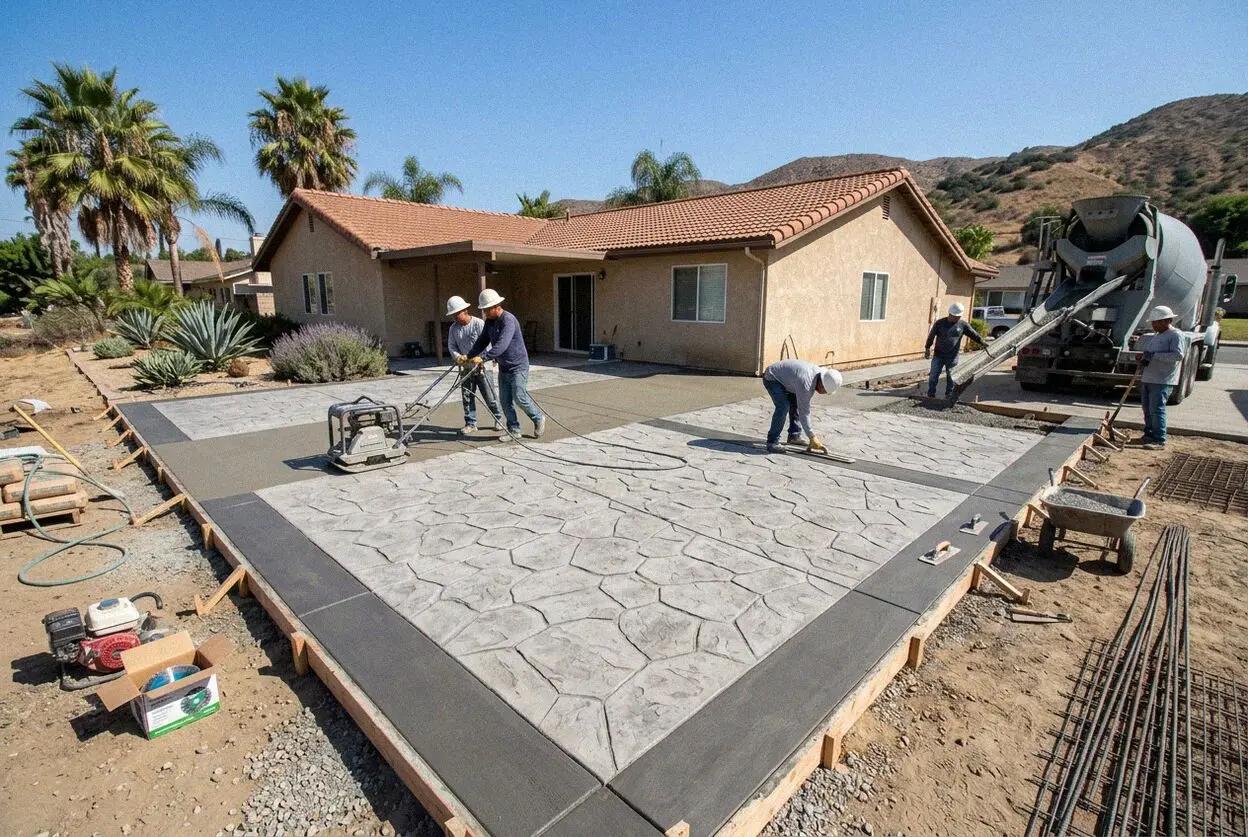 Crew pressing a flagstone stamp into a fresh patio slab at an El Monte home